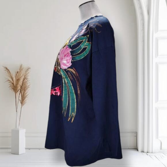 Vintage 80s Wearable Art Top Navy Woman Face Rhinestone Cotton Tunic XL USA - Picture 4 of 10